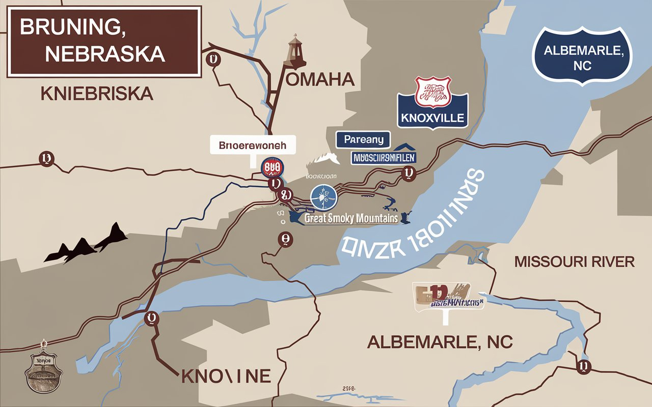 Distance from Bruning Nebraska to Albemarle NC